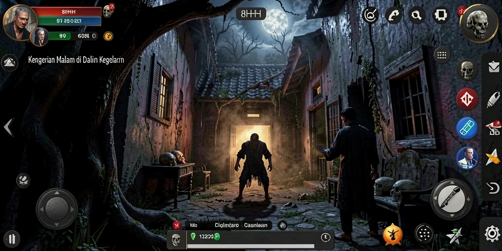Screenshot gameplay 8HHH yang menampilkan suasana horor yang mencekam.
