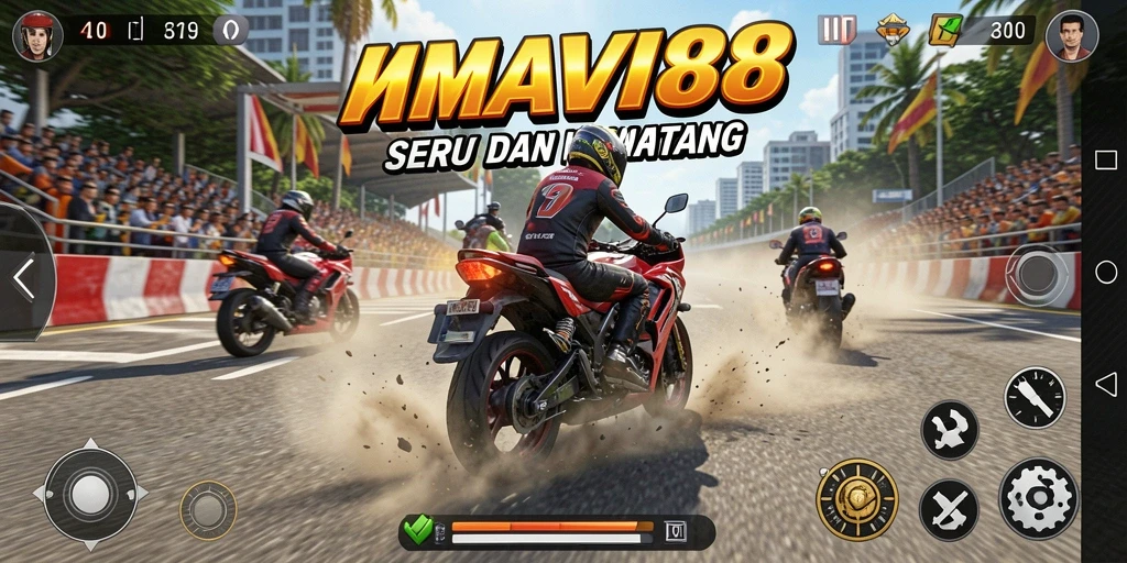 Screenshot gameplay AMAVI88 yang menampilkan balapan motor di trek menantang.