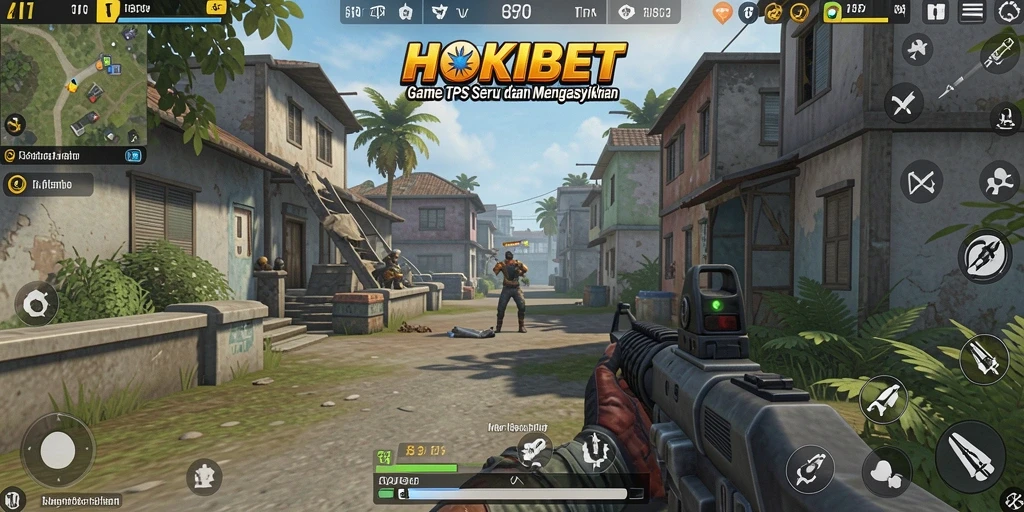 Tampilan gameplay seru HOKIBET menampilkan pertempuran intens di arena TPS.