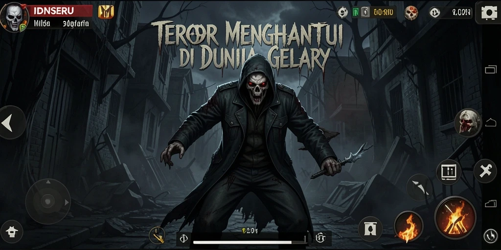 Tampilan gameplay IDNSERU yang menakutkan dengan suasana gelap.