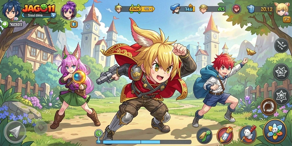 Tangkapan layar gameplay JAGO11, menampilkan aksi seru karakter anime.