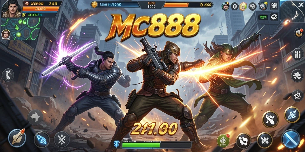 Screenshot gameplay MC888 menunjukkan pertarungan mendebarkan di arena.