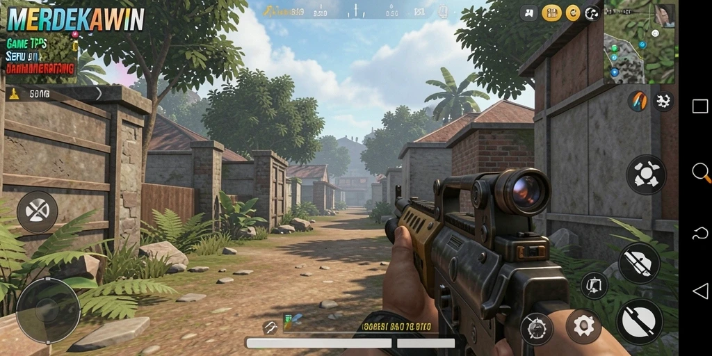 Screenshot gameplay MERDEKAWIN menampilkan aksi tembak-menembak yang intens.