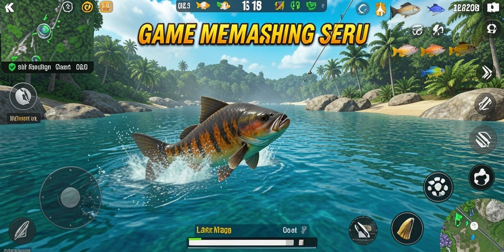 Screenshot gameplay OLX128 menampilkan aksi memancing yang seru dan mendebarkan.