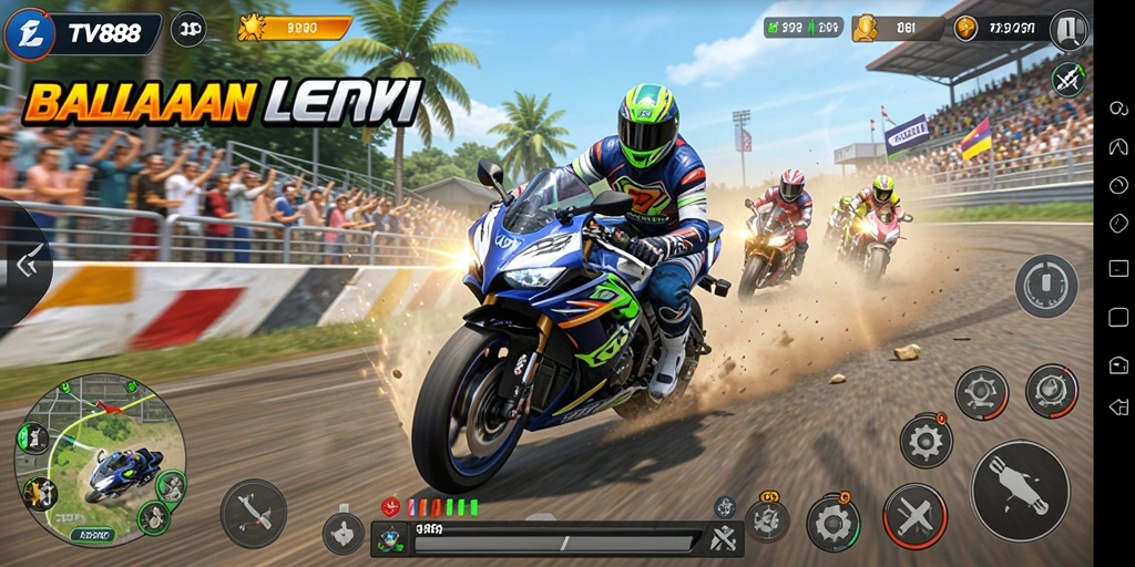 Gameplay TV888 dengan aksi balapan motor yang menegangkan.
