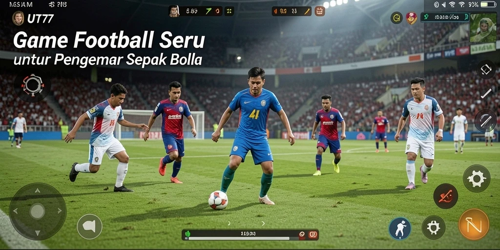 Tangkapan layar utama UT77 menunjukkan pengalaman bermain sepak bola yang seru dan mendebarkan.